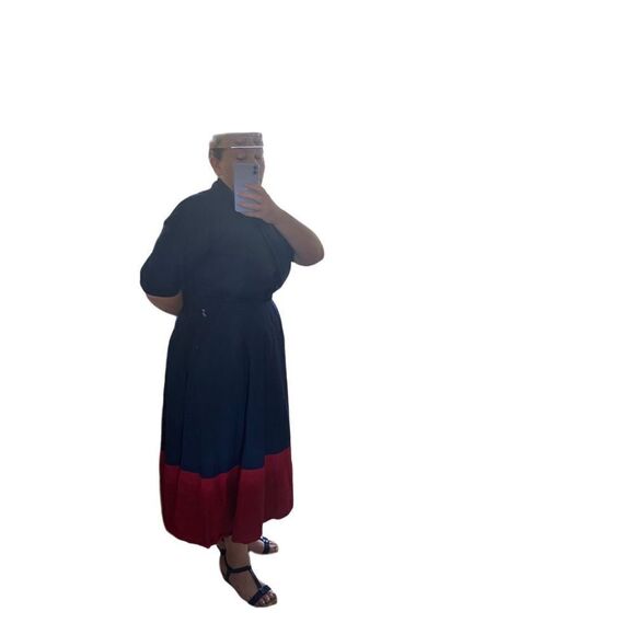 Vintage Buttonup Collared Dress Navy Red Midi Size 1X/ 18W - Picture 1 of 10